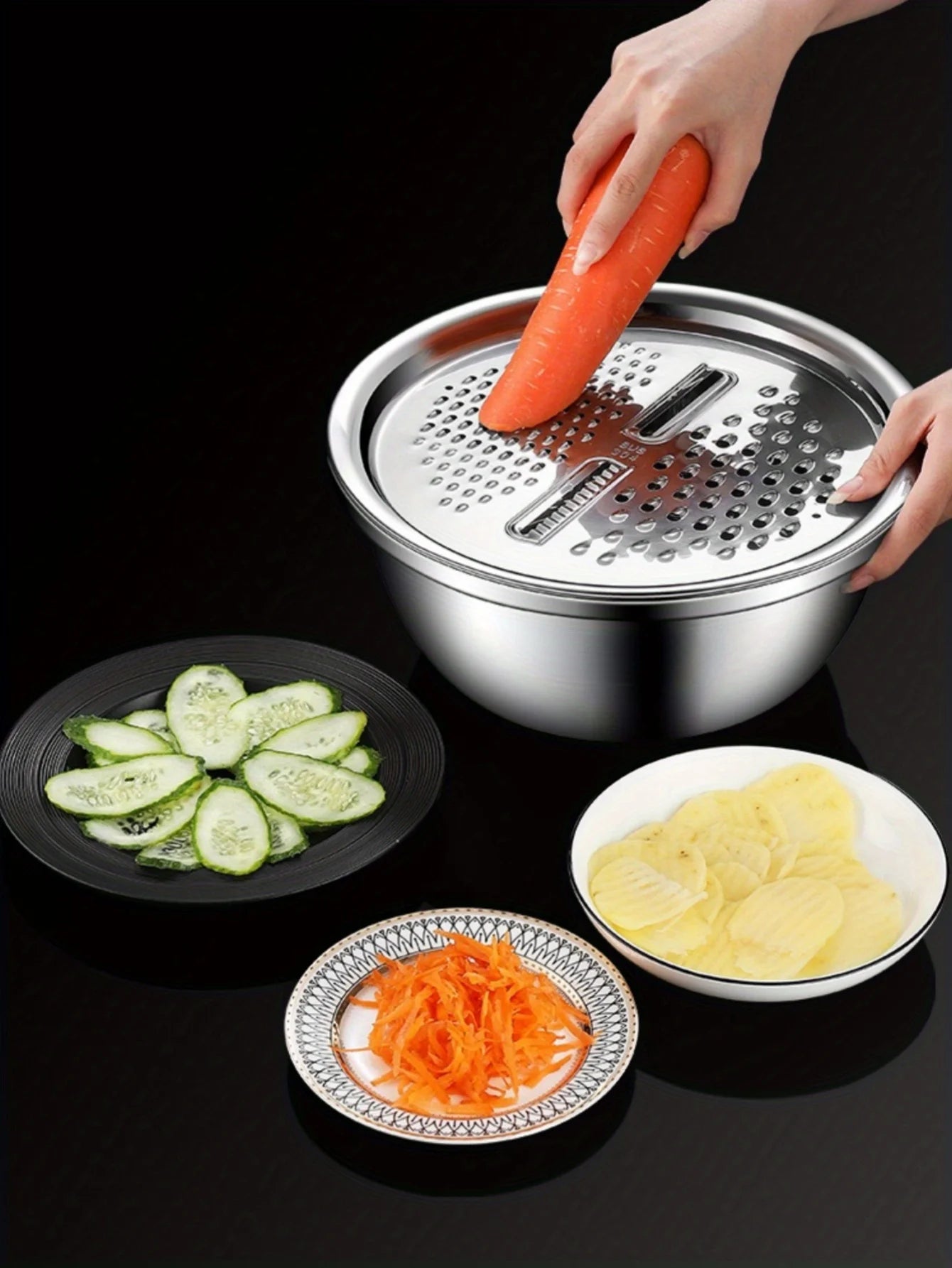 Multi functional vegetable cutter, shredder plate, stainless steel shredder basin, three piece set, kitchen shredder tool