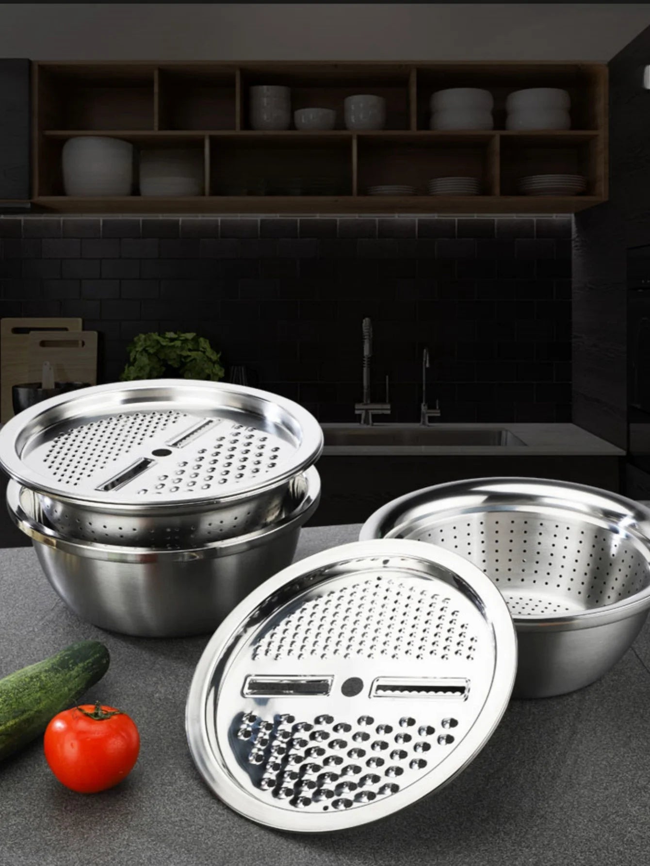 Multi functional vegetable cutter, shredder plate, stainless steel shredder basin, three piece set, kitchen shredder tool