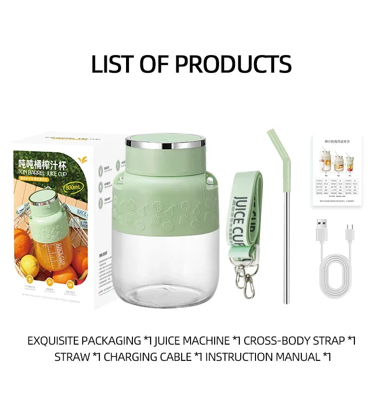 Wireless Portable Juicing Bucket Electric 800ml Sports Cup Fresh Fruit Juicer With Large Capacity and 10 Stainless Steel Blades