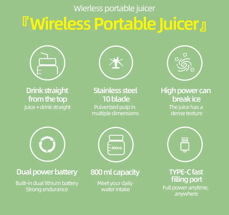 Wireless Portable Juicing Bucket Electric 800ml Sports Cup Fresh Fruit Juicer With Large Capacity and 10 Stainless Steel Blades