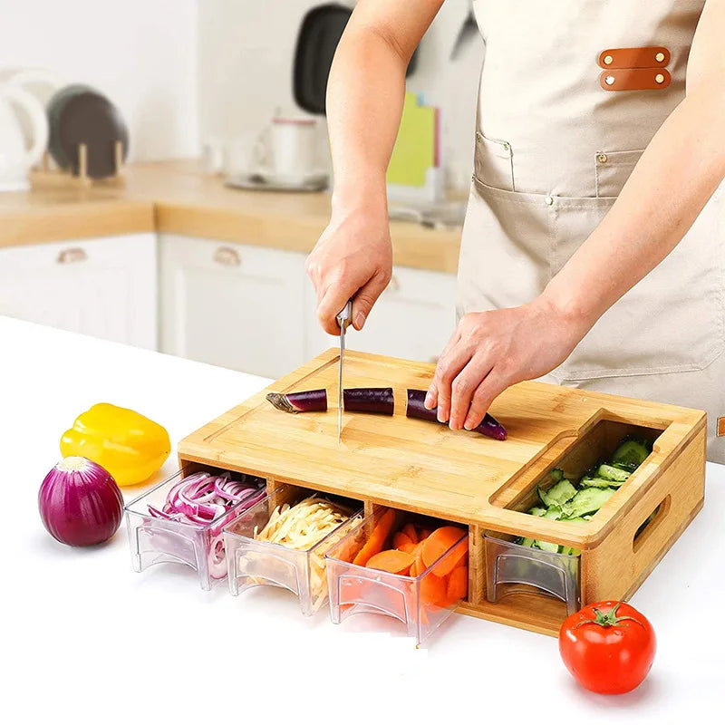 Bamboo Cutting Board with Container Lid and Grater Large Drawer Cutting Board Multi-function Grater with 4 Sliding Drawer Trays