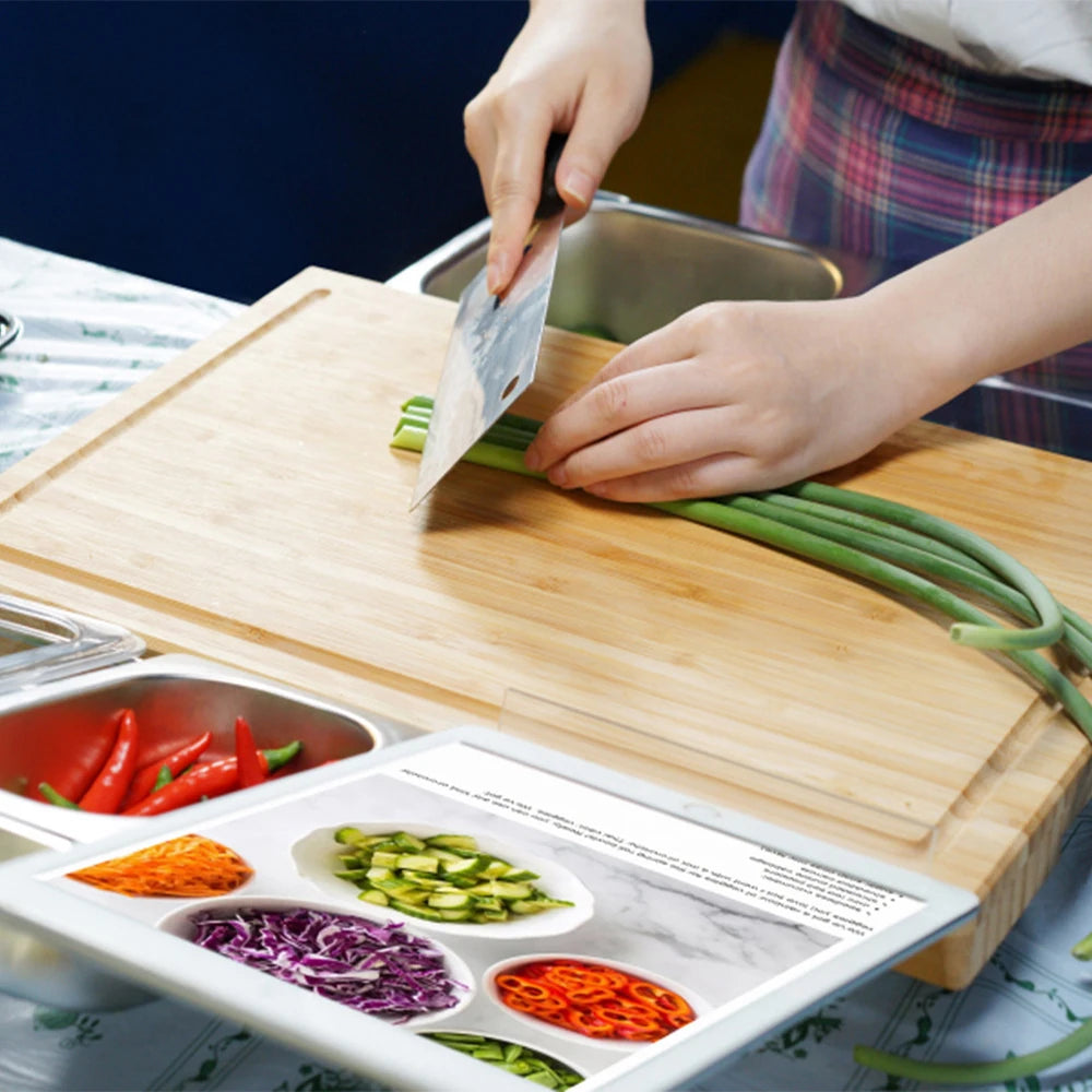 Bamboo Cutting Board Heavy-Duty Wear Resistance Chopping Board with Slide Out Drawer Tray Eco-Friendly Cutting Board for Kitchen