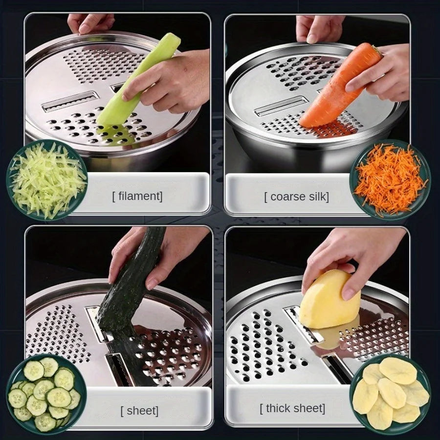 Multi functional vegetable cutter, shredder plate, stainless steel shredder basin, three piece set, kitchen shredder tool