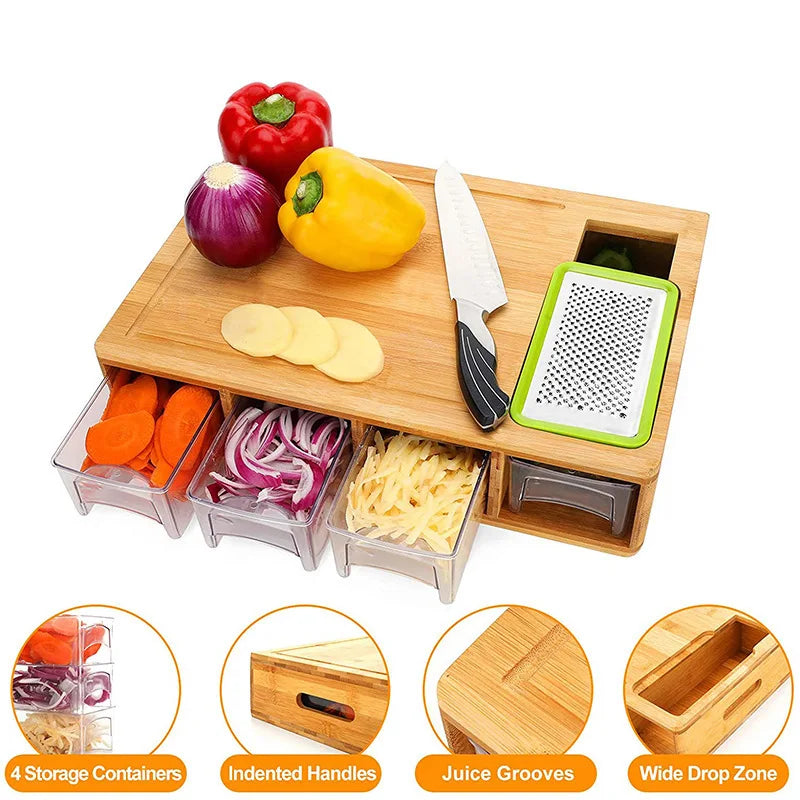 Bamboo Cutting Board with Container Lid and Grater Large Drawer Cutting Board Multi-function Grater with 4 Sliding Drawer Trays