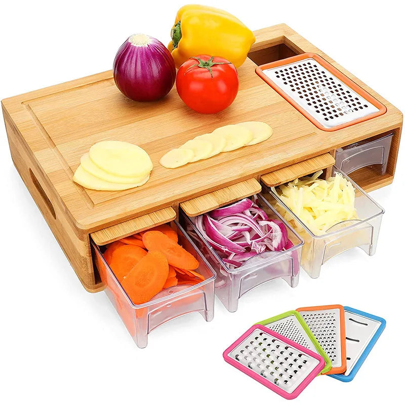 Bamboo Cutting Board with Container Lid and Grater Large Drawer Cutting Board Multi-function Grater with 4 Sliding Drawer Trays