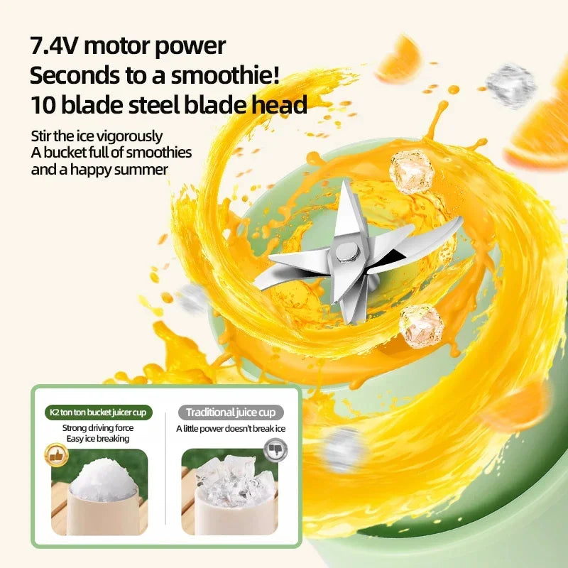 Wireless Portable Juicing Bucket Electric 800ml Sports Cup Fresh Fruit Juicer With Large Capacity and 10 Stainless Steel Blades