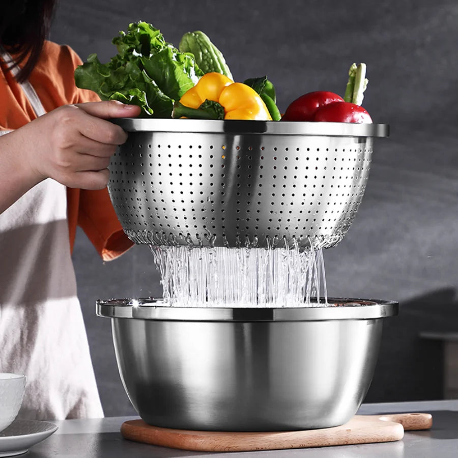 Multi functional vegetable cutter, shredder plate, stainless steel shredder basin, three piece set, kitchen shredder tool