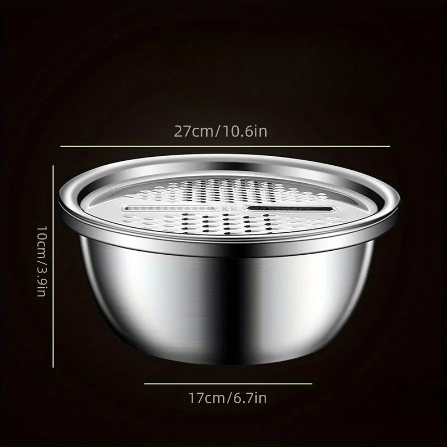 Multi functional vegetable cutter, shredder plate, stainless steel shredder basin, three piece set, kitchen shredder tool