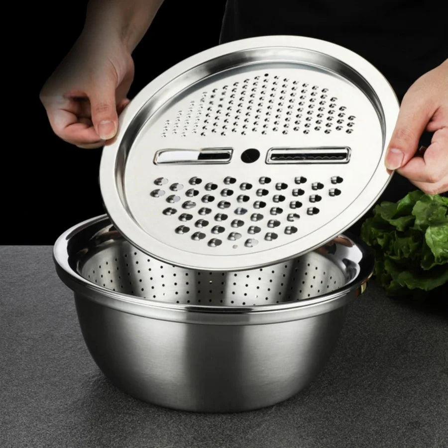 Multi functional vegetable cutter, shredder plate, stainless steel shredder basin, three piece set, kitchen shredder tool