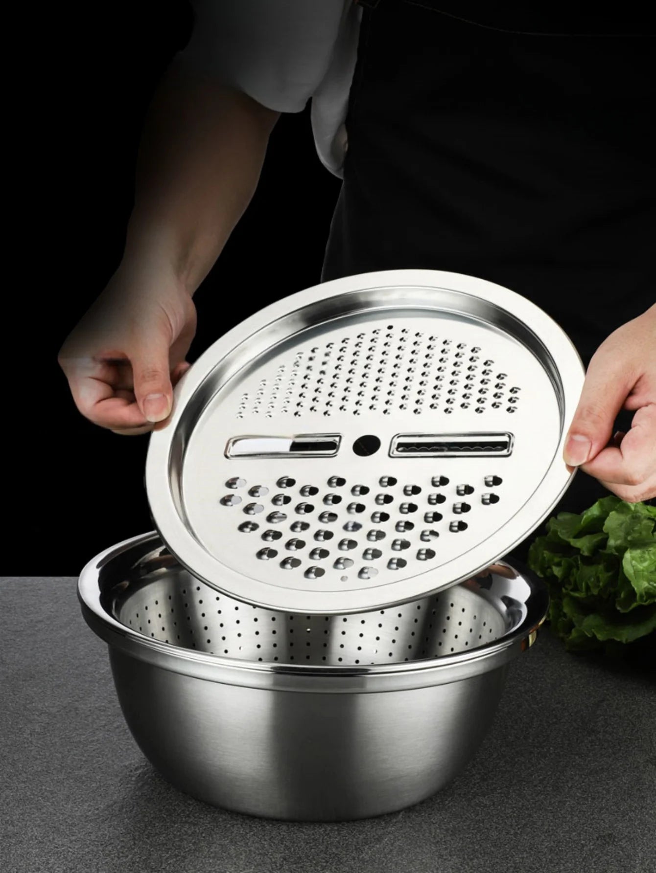 Multi functional vegetable cutter, shredder plate, stainless steel shredder basin, three piece set, kitchen shredder tool