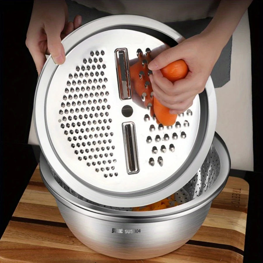 Multi functional vegetable cutter, shredder plate, stainless steel shredder basin, three piece set, kitchen shredder tool