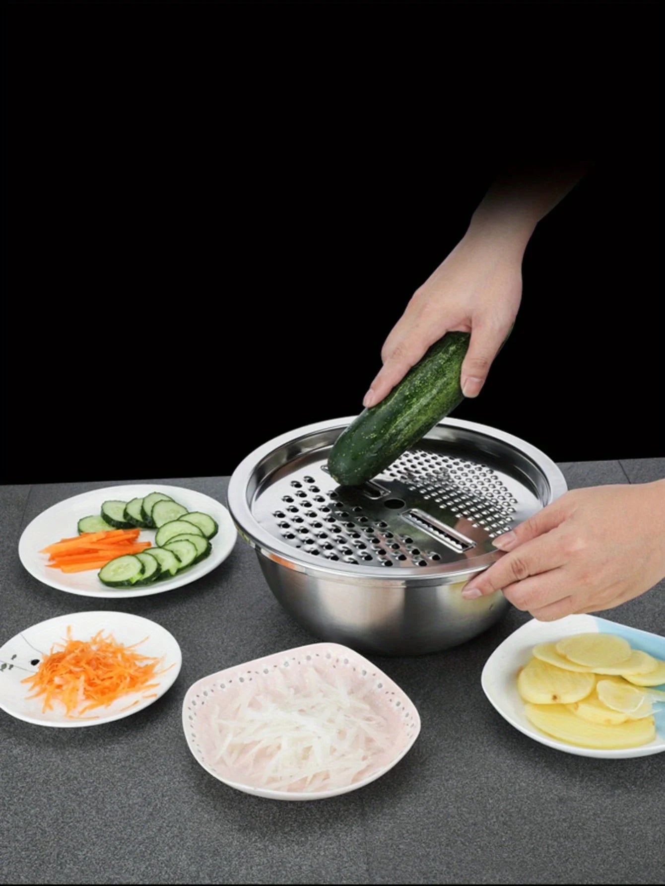 Multi functional vegetable cutter, shredder plate, stainless steel shredder basin, three piece set, kitchen shredder tool