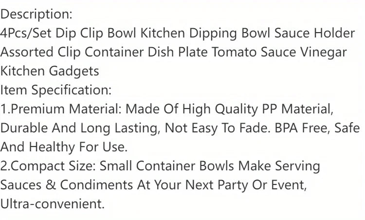 4pcs Plastic Dip Clip Bowl Set, Colorful, Durable PP, Ideal for Chips, Sauces & Veggies, Perfect for Outdoor Leisure