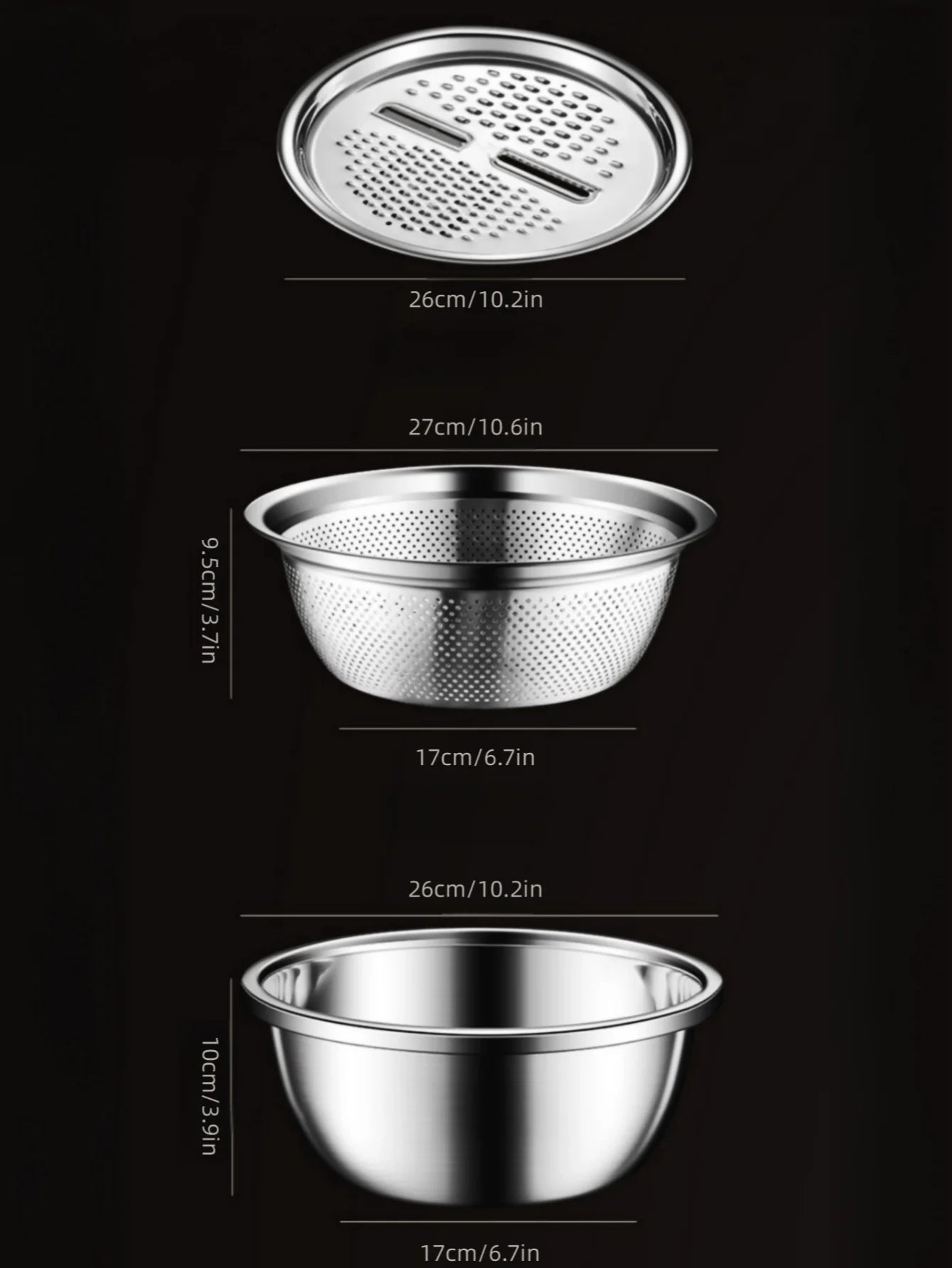 Multi functional vegetable cutter, shredder plate, stainless steel shredder basin, three piece set, kitchen shredder tool