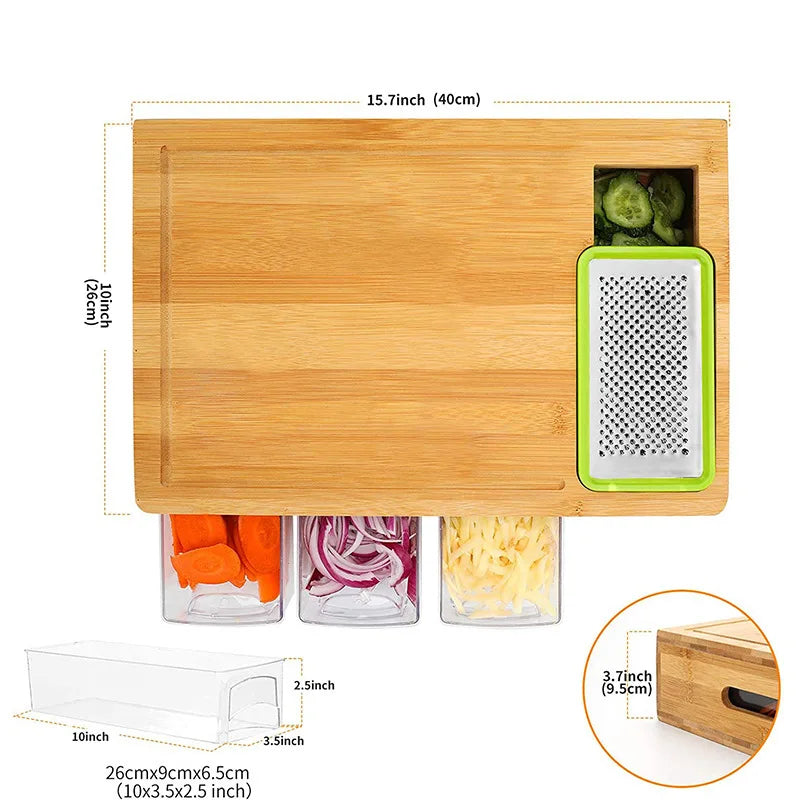 Bamboo Cutting Board with Container Lid and Grater Large Drawer Cutting Board Multi-function Grater with 4 Sliding Drawer Trays