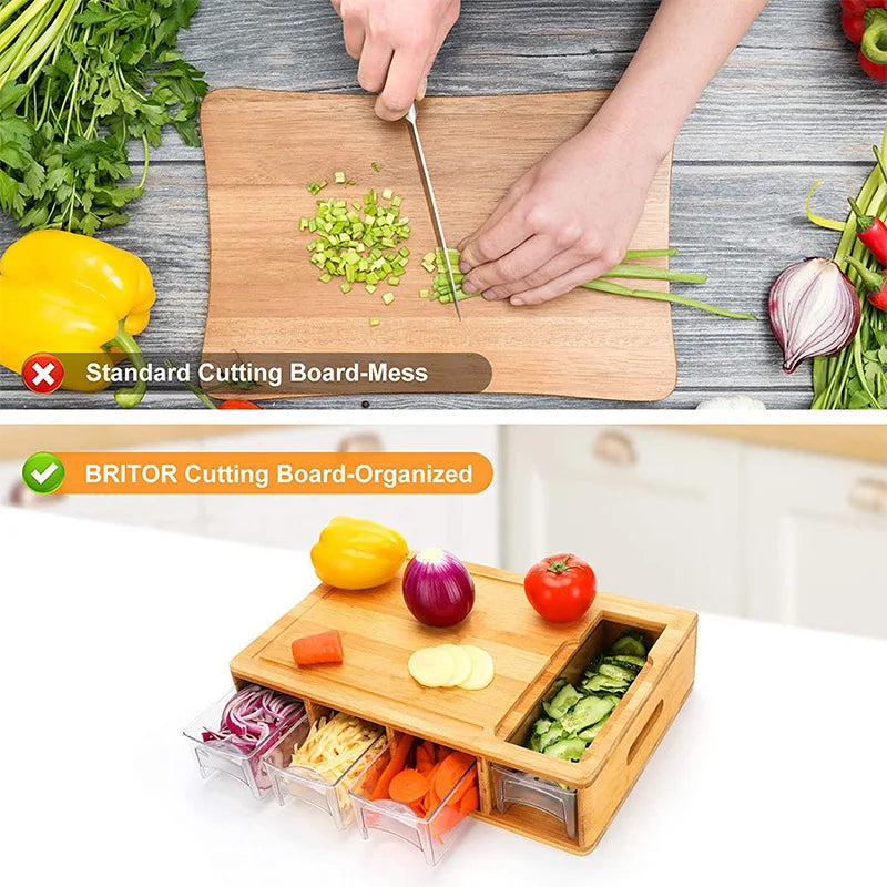 Bamboo Cutting Board with Container Lid and Grater Large Drawer Cutting Board Multi-function Grater with 4 Sliding Drawer Trays