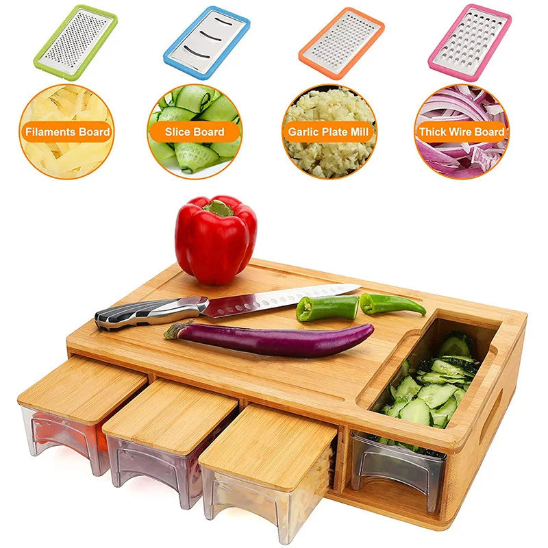 Bamboo Cutting Board with Container Lid and Grater Large Drawer Cutting Board Multi-function Grater with 4 Sliding Drawer Trays