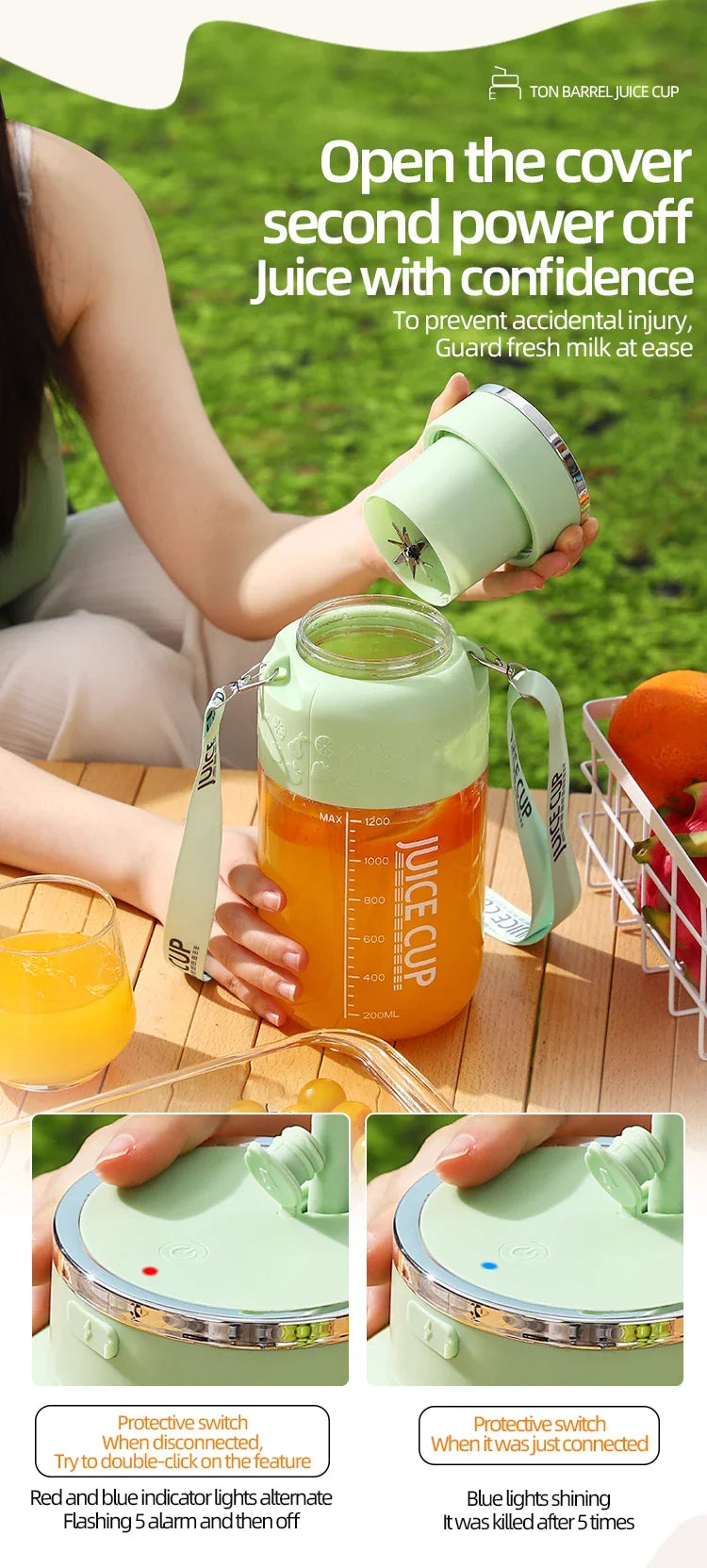 Wireless Portable Juicing Bucket Electric 800ml Sports Cup Fresh Fruit Juicer With Large Capacity and 10 Stainless Steel Blades