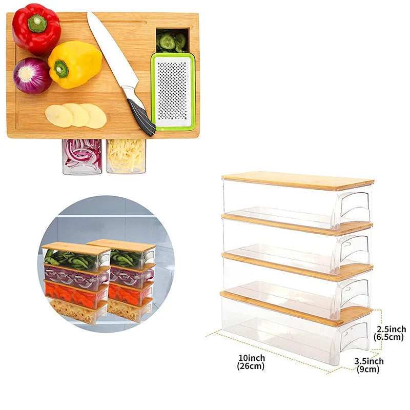 Bamboo Cutting Board with Container Lid and Grater Large Drawer Cutting Board Multi-function Grater with 4 Sliding Drawer Trays