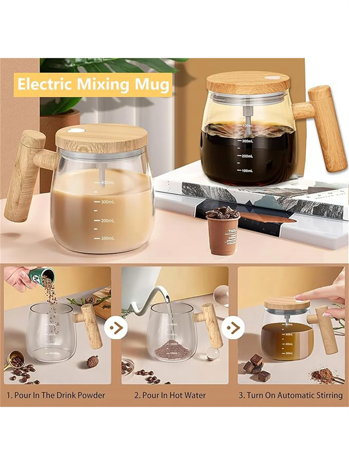 Self Stirring Coffee Mug with Lid,400ML Electric Mixing Cup Self Stirring Coffee Mug Glass Mixing Coffee Mug Rotating Home Offic