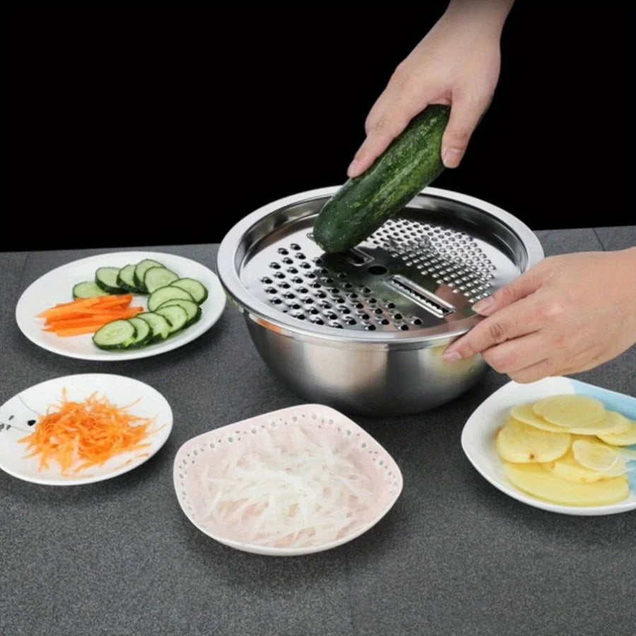 Multi functional vegetable cutter, shredder plate, stainless steel shredder basin, three piece set, kitchen shredder tool
